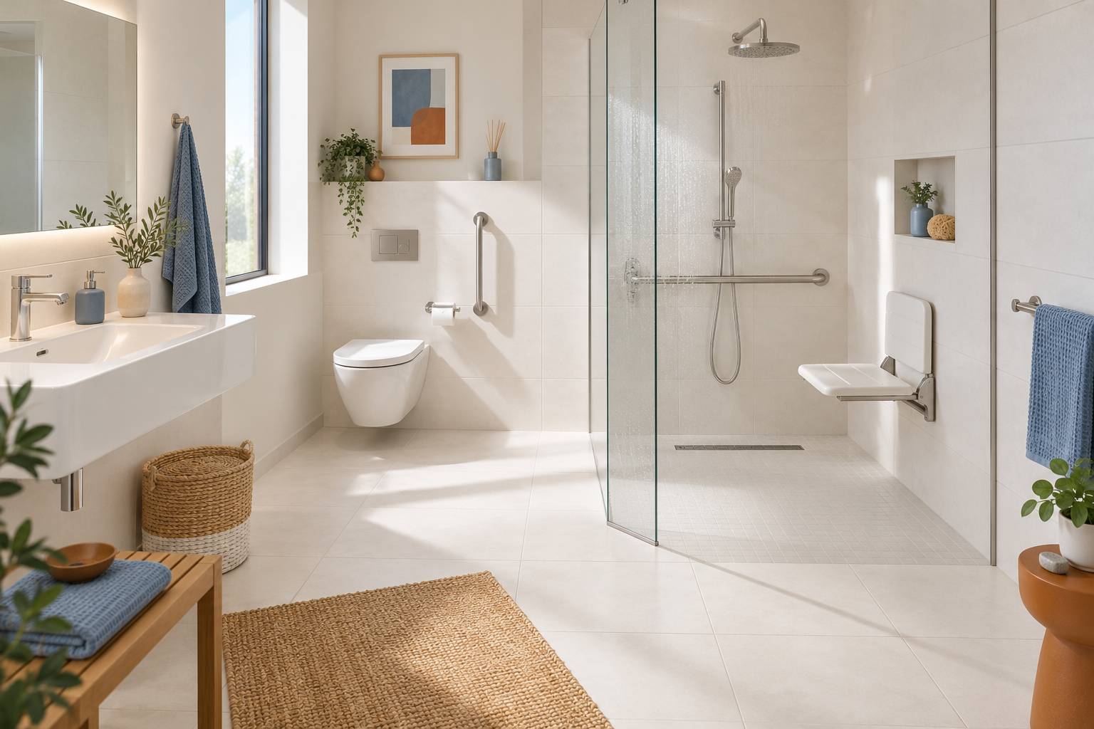Barre d'appui et siege de douche dans une salle de bain carrelee