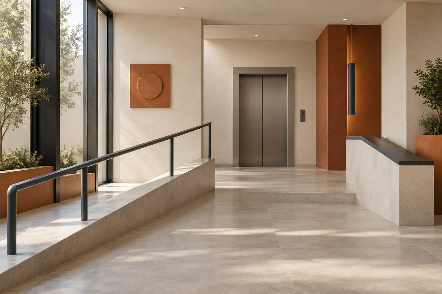 Hall d'immeuble avec rampe d'acces et porte d'ascenseur neutre