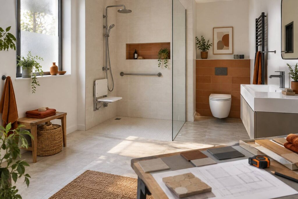 Salle de bain adaptée avec barres d'appui et siège de douche rabattable
