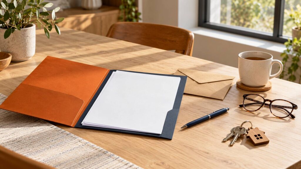 Table claire avec dossier ouvert de feuilles vierges, enveloppe neutre, lunettes et clés de maison