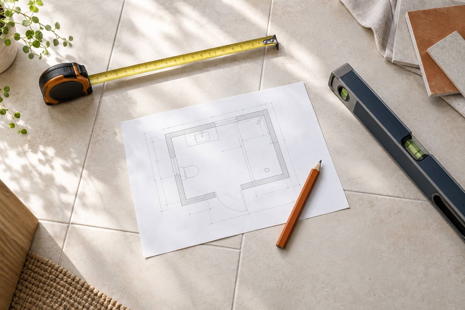 Releve de mesures avec metre ruban et niveau sur un carrelage clair