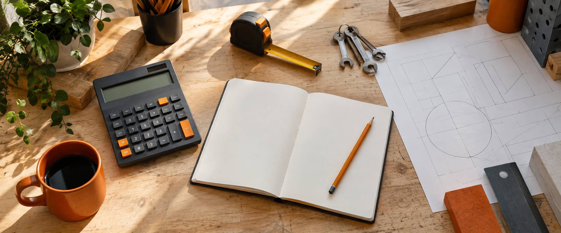 Calculatrice, carnet et mètre ruban sur un plan de travail en bois