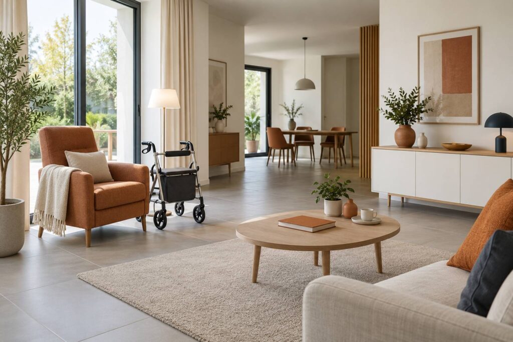 Intérieur adapté avec une aide technique posée près d'un fauteuil