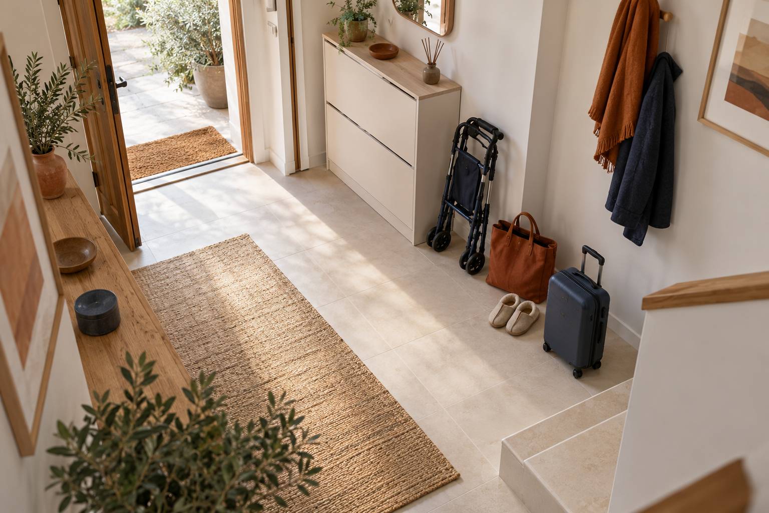 Déambulateur plié et sac de sortie près d'une entrée de logement claire