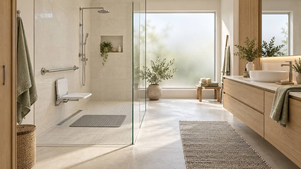 Salle de bain adaptée avec douche de plain-pied, barre d'appui inox et siège rabattable
